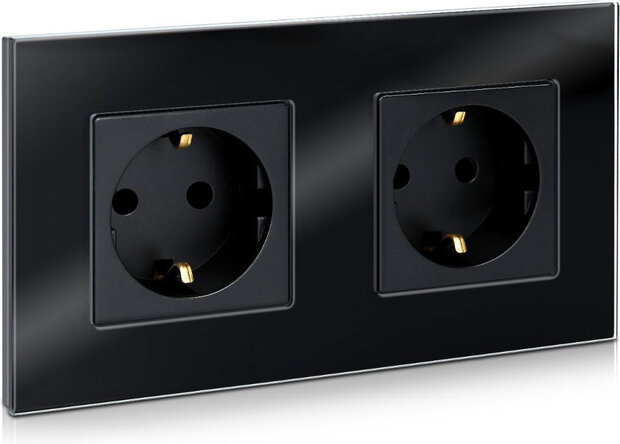 Zwarte Glazen Wandcontactdoos 2-voudig met Frame