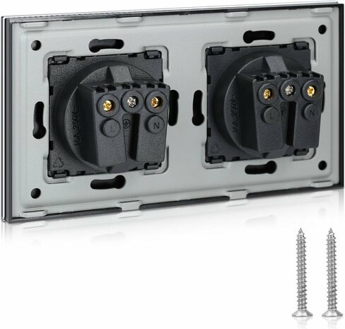 Zwarte Glazen Wandcontactdoos 2-voudig met Frame