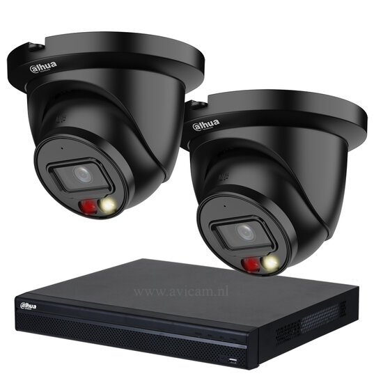 Dahua zwarte 5MP camerasysteem met 2 Dual Light Wizsense Turret PoE IP camera's
