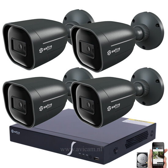 Safire Smart IP PoE Camerasysteem 4MP - 4 Donkergrijze Bullet Camera's