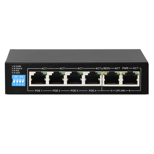 PoE switch 4 poorten en 2 uplink poorten Safire SF-SW0604POE-60