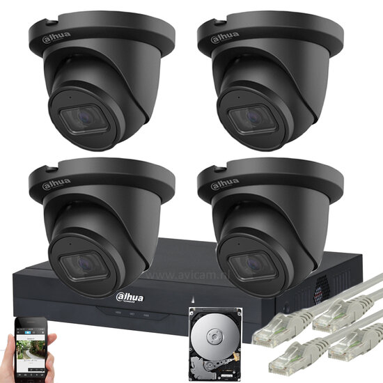 Dahua 8MP PoE Camerasysteem - 4 Zwarte Starlight Turret Camera's met Microfoon