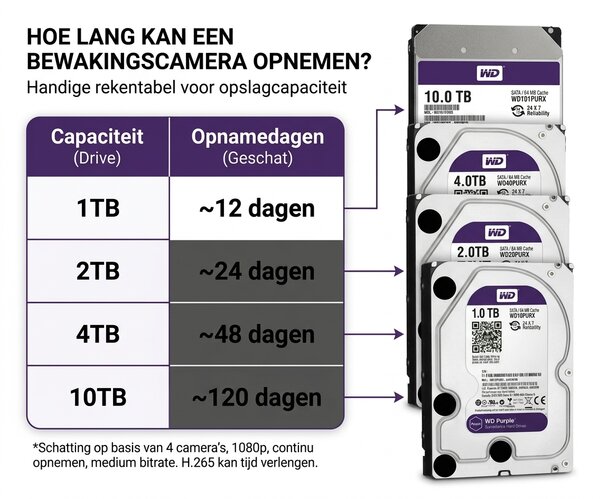 Hoe lang kan een bewakingscamera opnemen? Handige rekentabel voor 1TB, 2TB, 4TB en 10TB