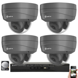 IP PoE 4MP netwerk UTP Safire camerabewakingssysteem met 4 donkergrijs dome camera's en interne microfoon. IP PoE 4MP netwerk UTP Safire camerabewakingssysteem met 4 donkergrijs dome camera's en interne microfoon.