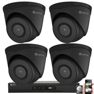 IP PoE 2MP Safire camerabewakingssysteem met 4 zwarte Turret camera's. IP PoE 2MP Safire camerabewakingssysteem met 4 zwarte Turret camera's.