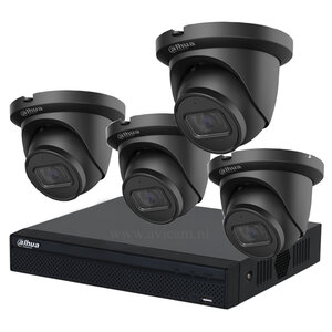 Dahua Starlight 5MP IP PoE beveiligingscamera set met 4 zwarte Turret camera's. Dahua Starlight 5MP IP PoE beveiligingscamera set met 4 zwarte Turret camera's.