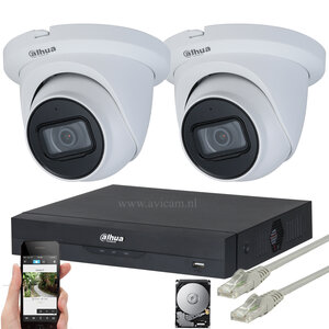 Dahua 8MP camerasysteem met 2 Starlight Turret PoE IP camera's inclusief ingebouwde microfoon. Dahua 8MP camerasysteem met 2 Starlight Turret PoE IP camera's inclusief ingebouwde microfoon.