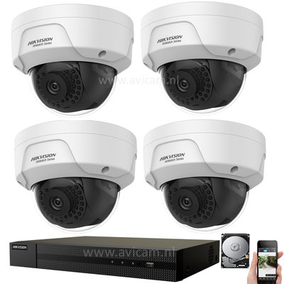 IP Hikvision PoE 2MP FULL HD camerabewaking set met 4 buiten dome camera's