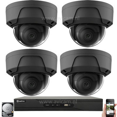 IP PoE 2MP netwerk UTP Safire camerabewakingssysteem met 4 zwarte dome camera's.
