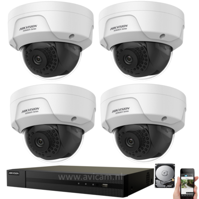 IP Hikvision PoE 2MP FULL HD camerabewaking set met 4 buiten dome camera's