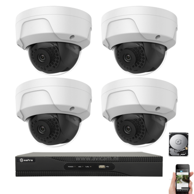 IP PoE 4MP netwerk UTP Safire camerabewakingssysteem met 4 dome camera's.