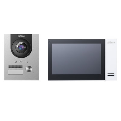 Dahua video intercom KTP01(S) complete kit met video deurbel, monitor en switch - IP PoE netwerkkabel aansluiting.