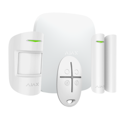 Ajax Hubkit-W alarmsysteem starterskit met hub, draadloze deursensor, bewegingsmelder en afstandsbediening.