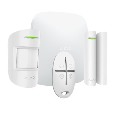 Ajax Hubkit-W alarmsysteem starterskit met hub, draadloze deursensor, bewegingsmelder en afstandsbediening.