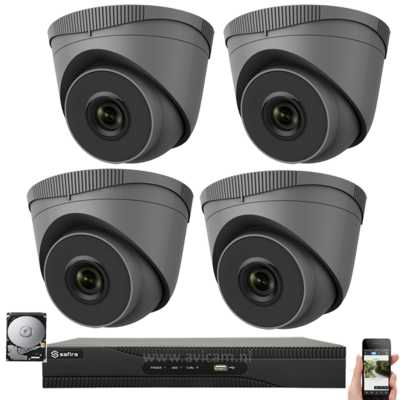 IP PoE 2MP Safire camerabewakingssysteem met 4 zwarte Turret camera's.