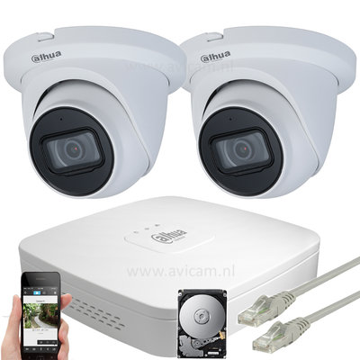 Dahua 8MP camerasysteem met 2 Starlight Eyeball PoE IP camera's inclusief ingebouwde microfoon.