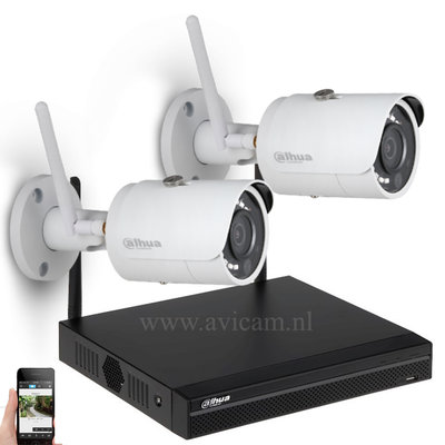 Draadloos Dahua WIFI IP camerasysteem met ingebouwde router en 2 Starlight bullet camera's.