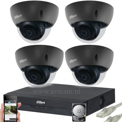 Dahua Starlight 4MP IP PoE beveiligingscamera set met 4 zwarte dome camera's.
