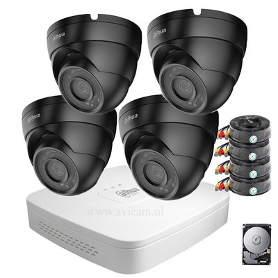Dahua camerabeveiliging set met 4 HD-CVI zwarte dome camera's.