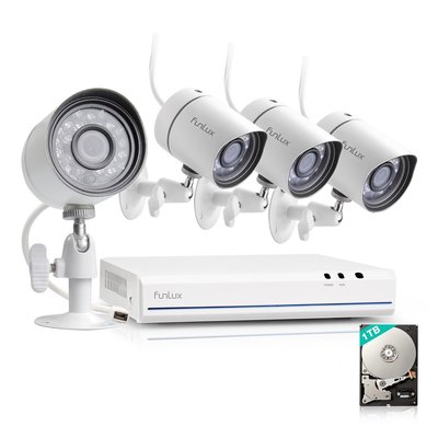 IP SPoE HD buiten camerasysteem Funlux FS-1004-W-1TB met netwerkkabel aansluiting.