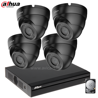 Dahua Camerabeveiliging set met 4 vandaalbestendige zwarte dome camera's.